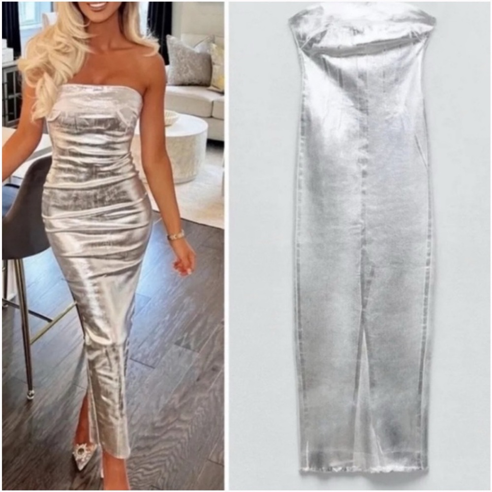 Zara painted Denim Metallic Silver Strapless Dress TikTok